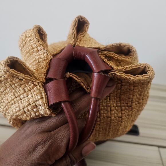 Saks Fifth Avenue Straw Leather Drawstring Bucket Bag - Picture 7 of 10